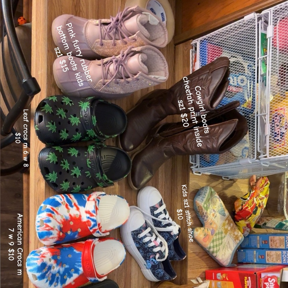 Various kids and woman’s shoes